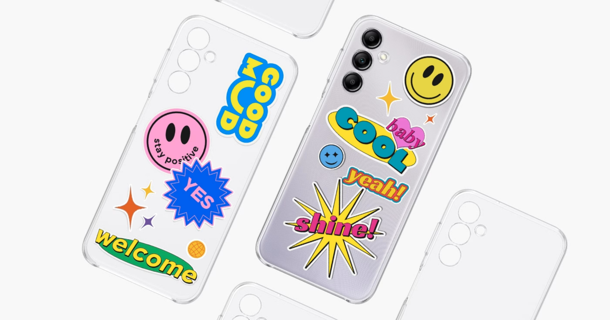 Multiple Clear Cases are seen from the rear. Two cases in the middle are seen with a variety of stickers added to the back. One of the two decorated cases is installed on a silver Galaxy A14 5G device.